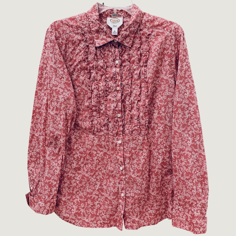 Talbots Shirt Women XL Pink Floral Ruffle Front Stretch Button Long Sleeve Top